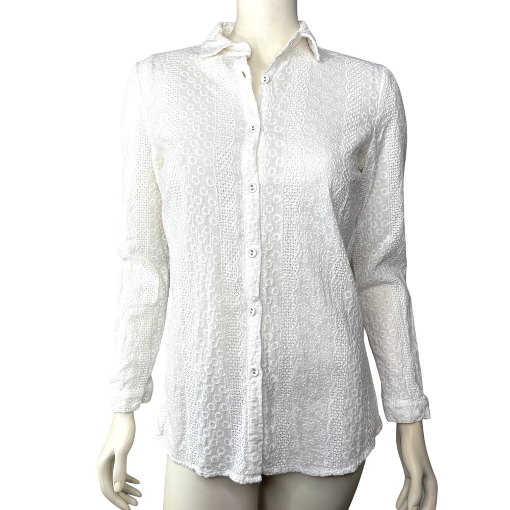 White Eyelet Lace Cotton Shirt LFK Perfect Summer Button Down Classic Effortless
